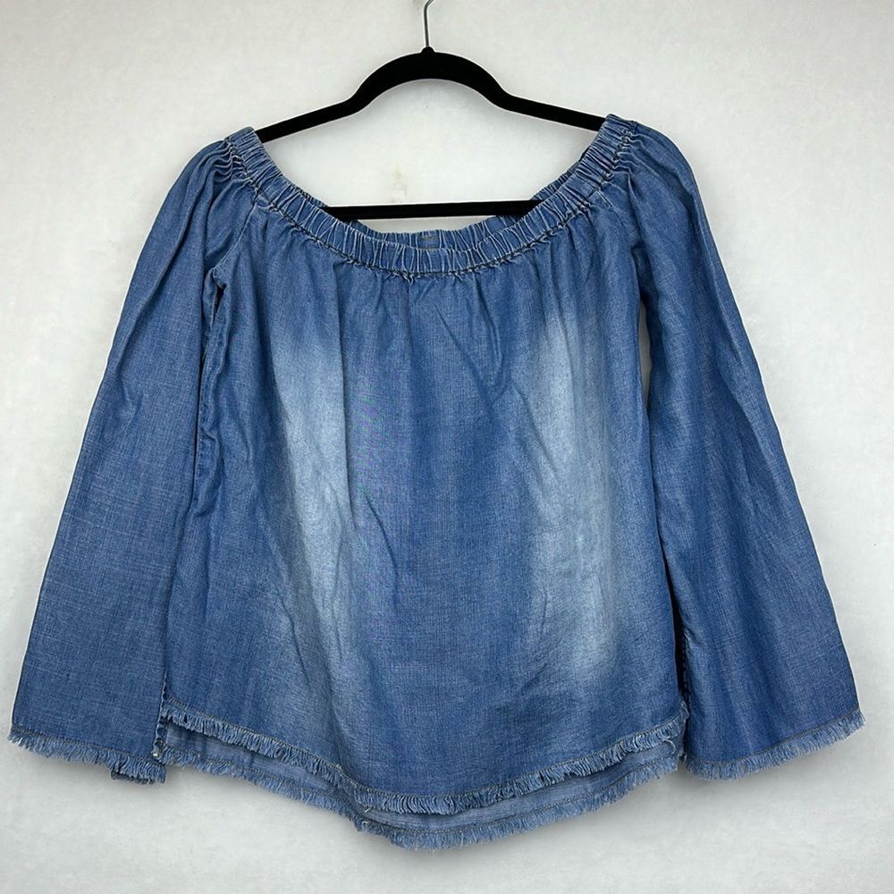 Cloth & Stone Chambray Off Shoulder Tencel Lyocell Top 3/4 Sleeves Raw Hem Small